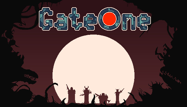 The logo of the game Gate One which looks dark, gloomy with red colors.
