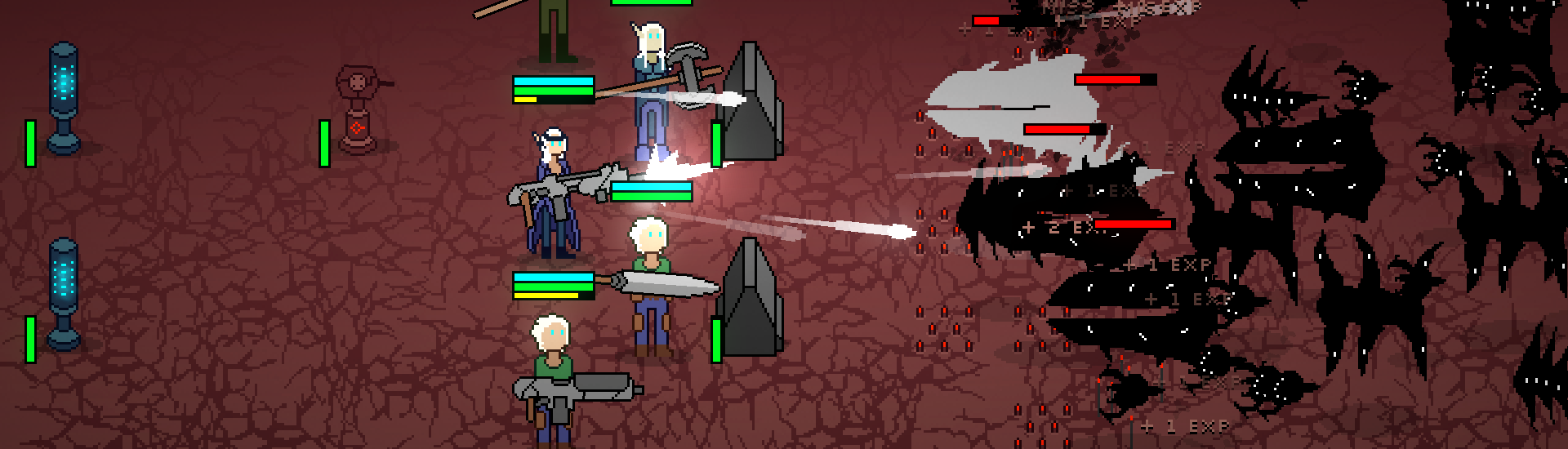 A screenshot about the game called Gate One in which a group of people are trying to survive against dark looking monsters.