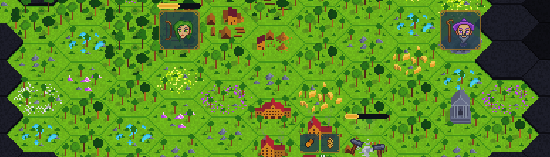 A screenshot about the game called Trading Towns in which you can see a world made out of hexagon tiles in which each one has different buildings, trees, ruins, fields or natural resources.