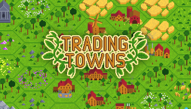 A screenshot of the game Trading Towns and the logo in the center of it which looks colorful, bright and greeny.